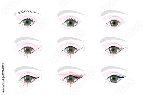Eye makeup and permanent tattoo tutorial illustrations set