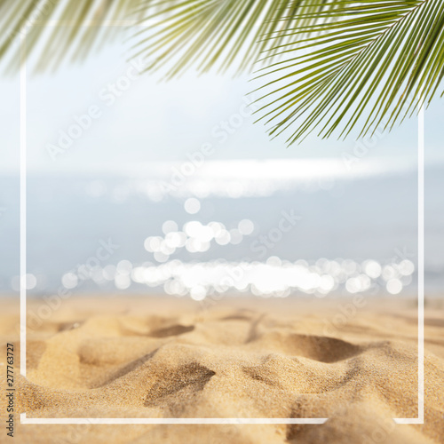Fototapeta Naklejka Na Ścianę i Meble -  Sand with Palm and tropical beach and sea background with frame design for creative advertising Summer vacation and travel concept. Copy space.