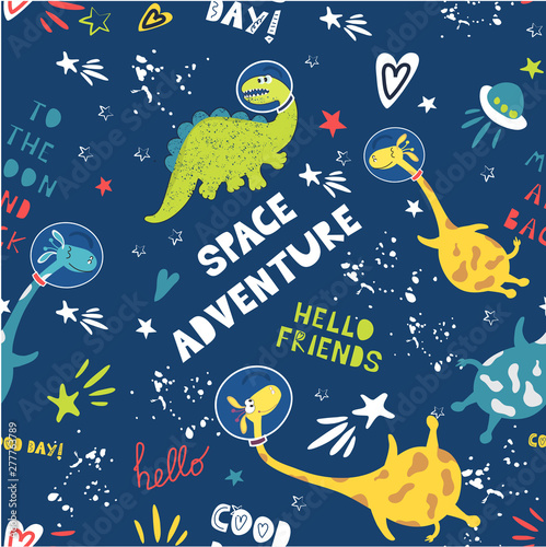 Cute animals astronauts dinosaur and giraffe in space. Children's fashion. Seamless pattern. Cool space adventure vector background
