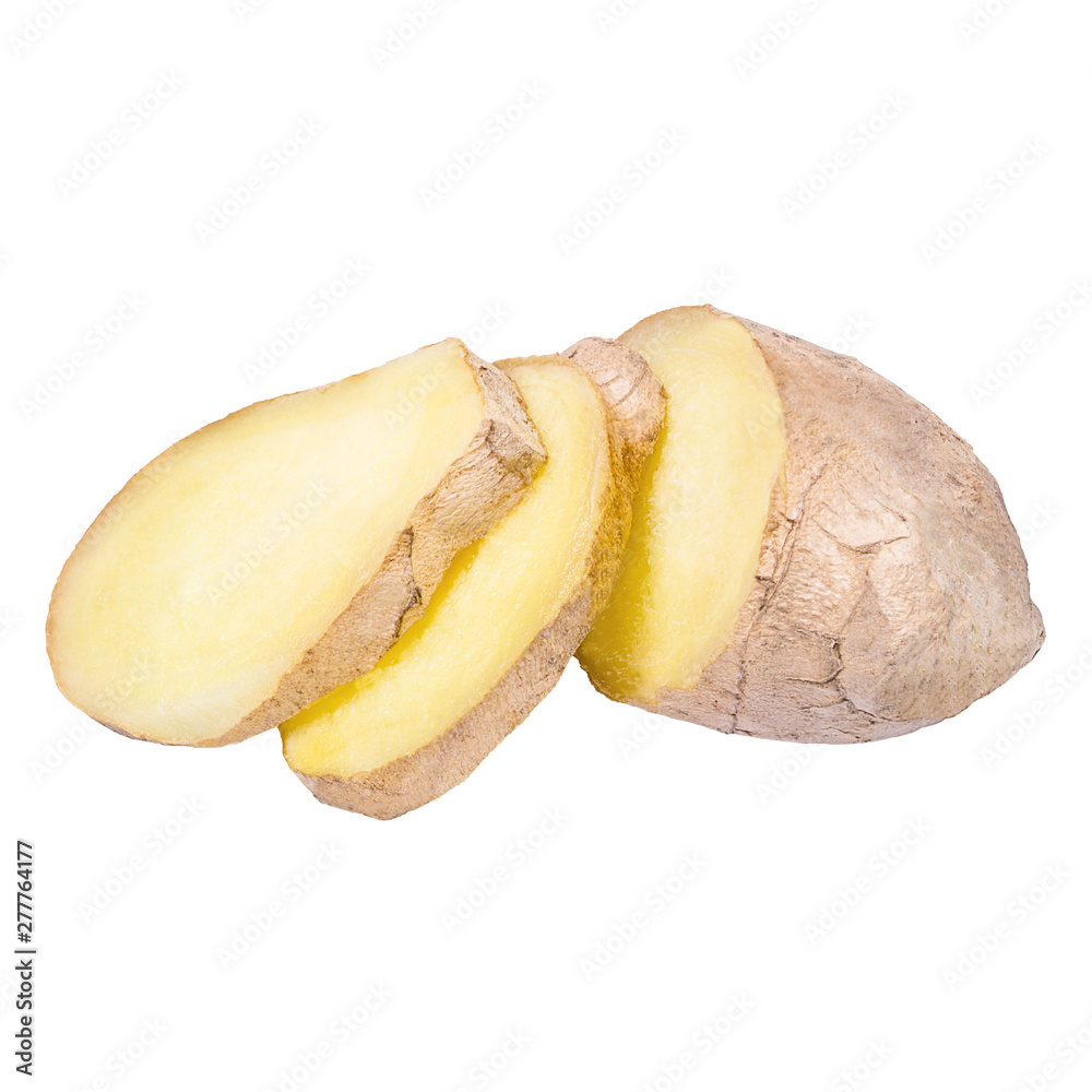 Fresh Ginger root and slice isolated on white background