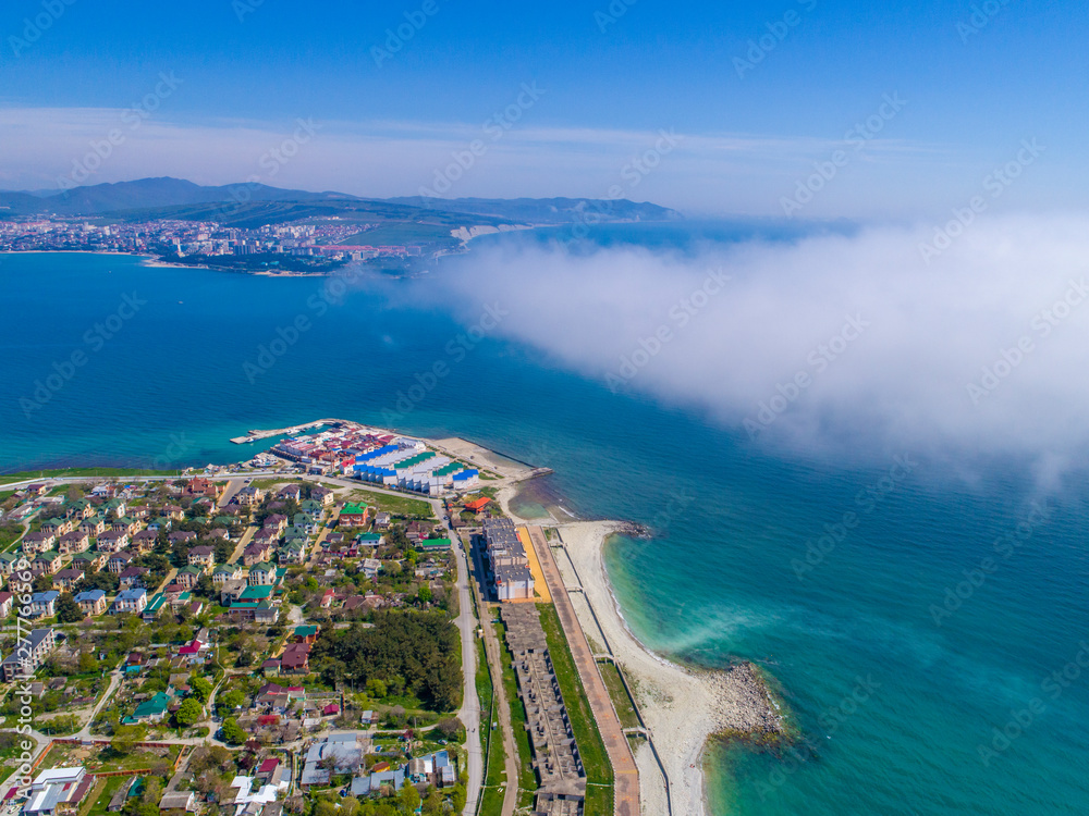 Panorama of the resort city of Gelendzhik. Bird's-eye view of the Thin Cape. Then you can see the entrance to the Bay and a Thick Cape with Gelendzhik lighthouse