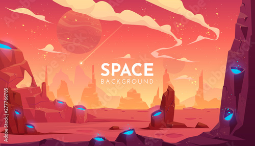 Space background, alien fantasy landscape with rocks and craters with blue liquid inside, orange planet empty surface, cloudy sky and falling comet, computer game backdrop, cartoon vector illustration