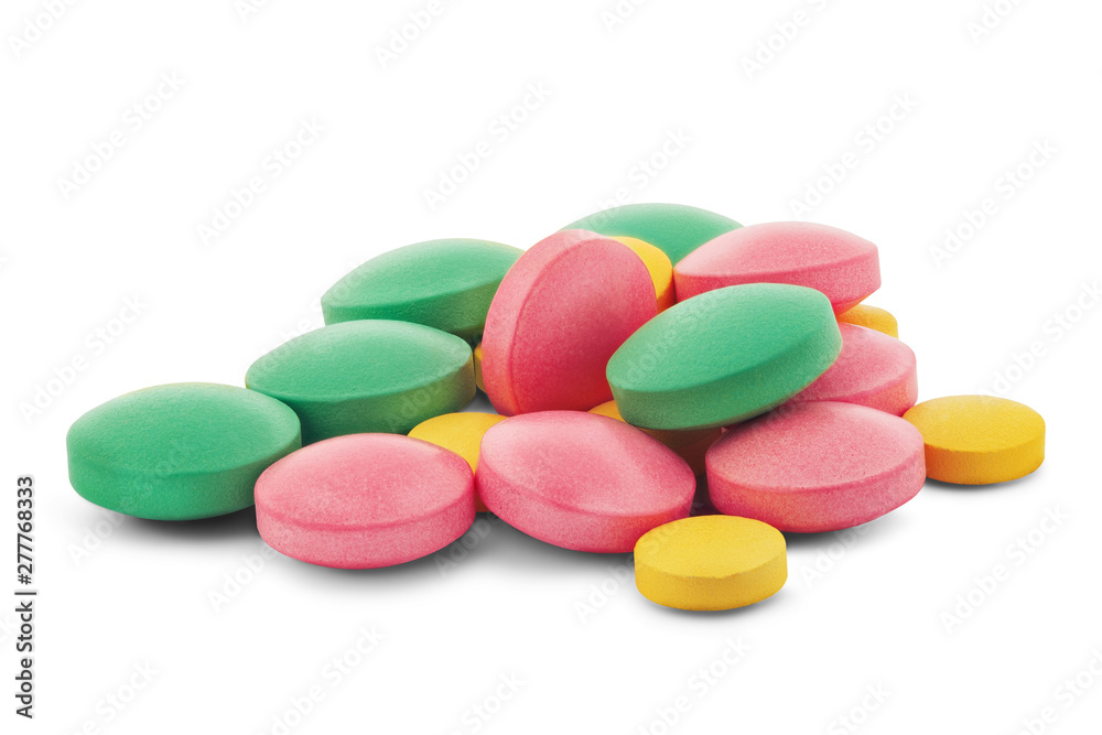 Pile of medical pills in round shape and different colors on white isolated background with shadow. Pile of medical pills in round shape and different colors on white isolated background with shadow.