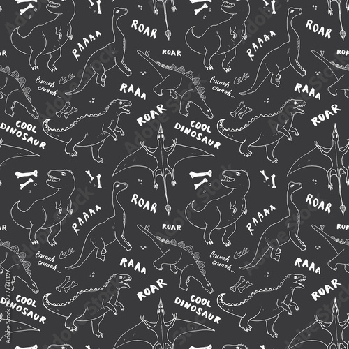 Dino Seamless Pattern, Cute Cartoon Hand Drawn Dinosaurs Doodles Vector Illustration