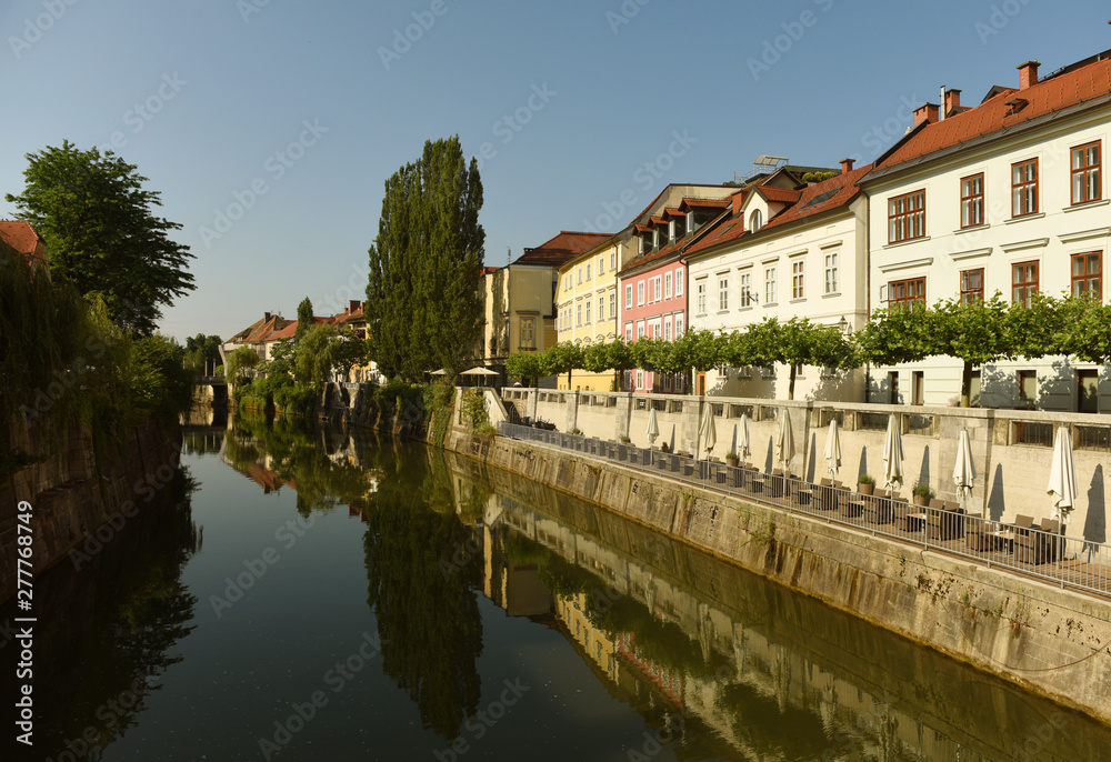 Ljubljanica river and buildings in the center Ljubljana, Slovenia