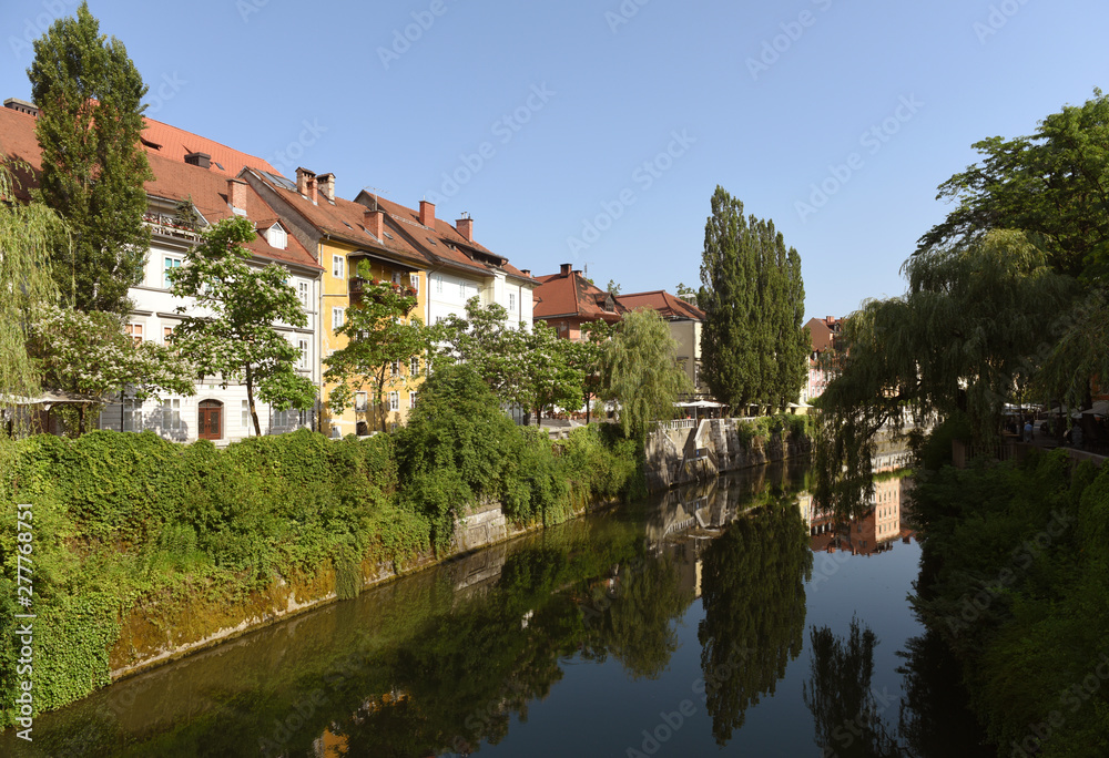 Ljubljanica river and buildings in the center Ljubljana, Slovenia