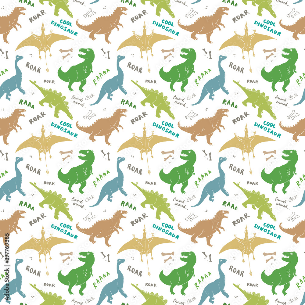 Dino Seamless Pattern, Cute Cartoon Hand Drawn Dinosaurs Doodles Vector Illustration Dino Seamless Pattern, Cute Cartoon Hand Drawn Dinosaurs Doodles Vector Illustration