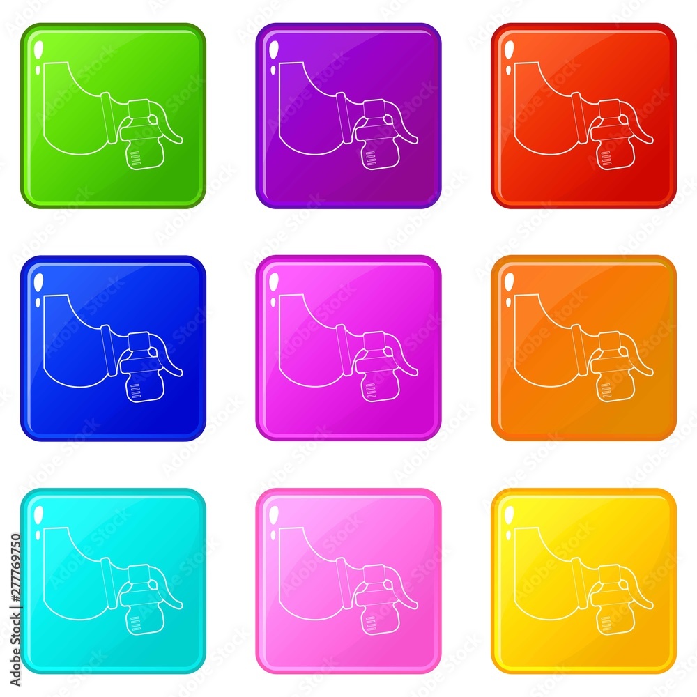 Manual breast pump icons set 9 color collection isolated on white for any design