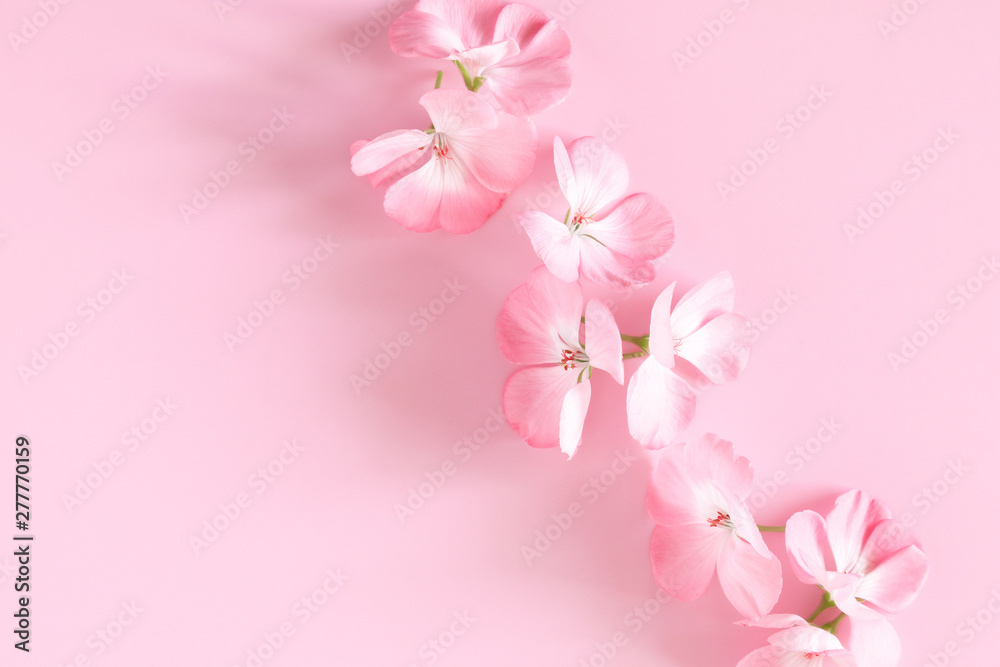 Beautiful flowers composition. Pink flowers on light pink pastel background. Flat lay, top view, copy space