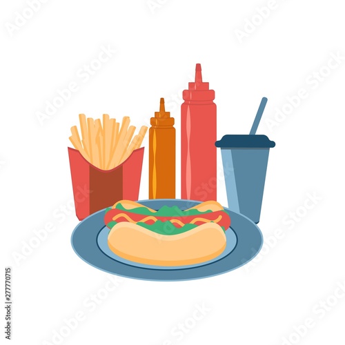 Fast-food meal. Street lunch. Vector illustration. Sauce bottles, french fries, hot dog. Delicious food, snack, drink. Cola