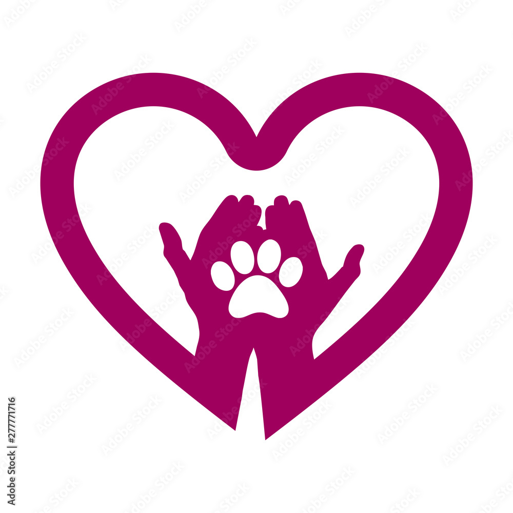Φωτογραφία Hand with dog paw in heart icon. Concept of love your dog.
