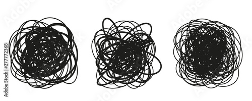 Hand drawn hatching shapes on isolated white background. Wavy tangled doodles. Black and white illustration