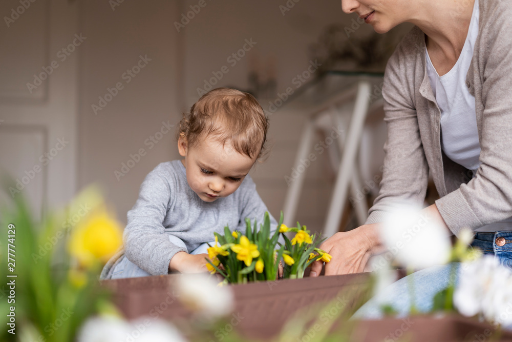 Mother and daughter planting flowers together at home Mother and daughter planting flowers together at home