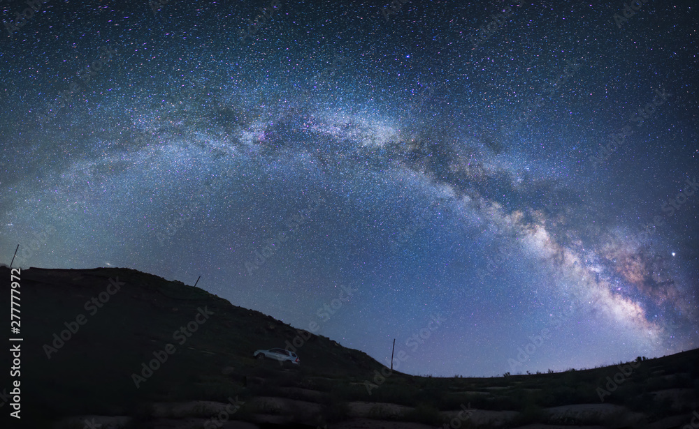 Night landscape, panoramic milky way galaxy and car on the hill. Night landscape, panoramic milky way galaxy and car on the hill.