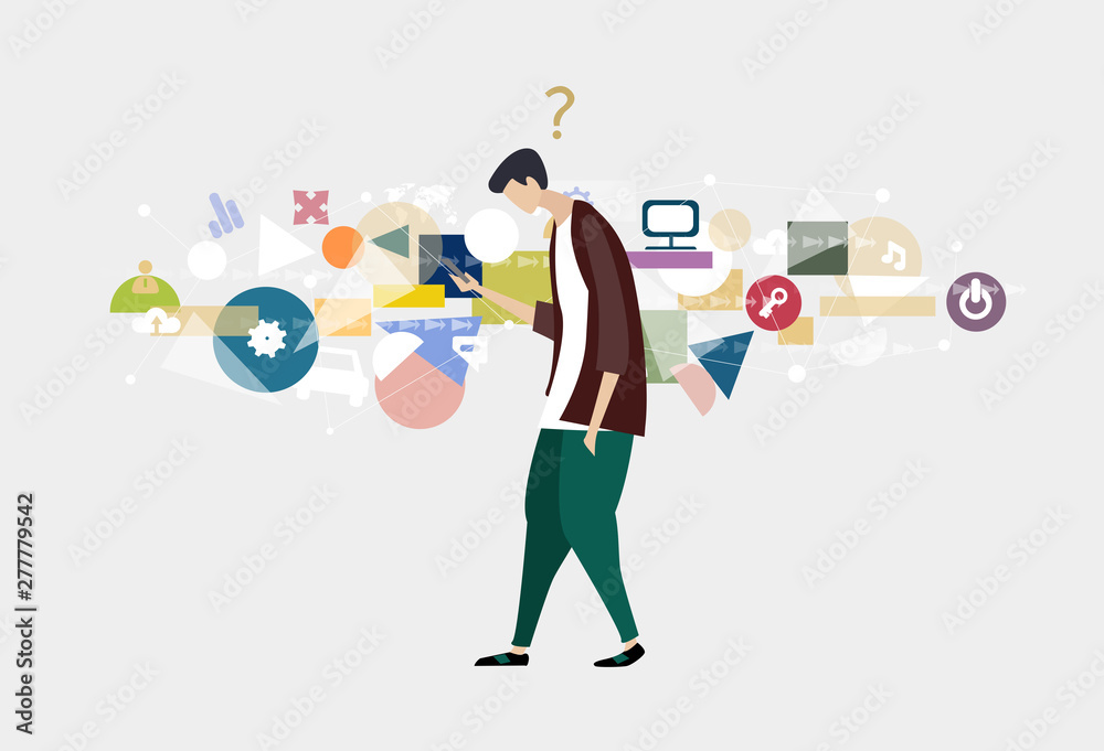 Young man searching on phone, information, data and communication concept Young man searching on phone, information, data and communication concept