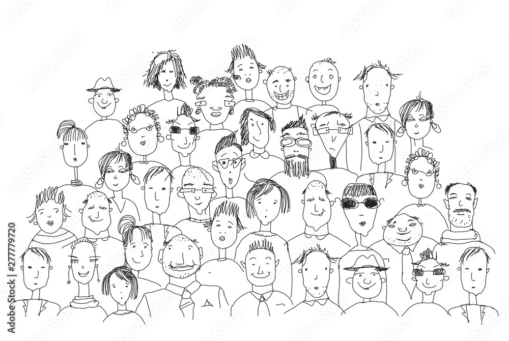 Background with lots of human's faces. People of different ages and professional backgrounds. Working and living together metaphor. Sketch, doodle