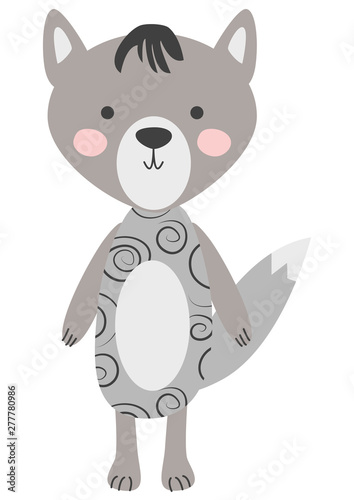 grey wolf isolated on white background. Cute forest animals in scandinavian and folk style.