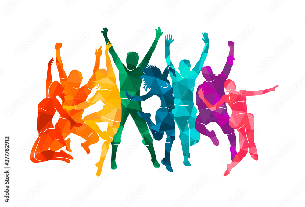 Fototapeta Kolorowa grupa szczęśliwych ludzi skakać wektor ilustracja sylwetka. Wesoły mężczyzna i kobieta na białym tle. Skoki zabawa tło znajomych. Ekspresyjny taniec taneczny, jazz, funk, hip-hop