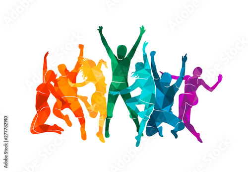 Colorful happy group people jump vector illustration silhouette. Cheerful man and woman isolated. Jumping fun friends background. Expressive dance dancing  jazz  funk  hip-hop