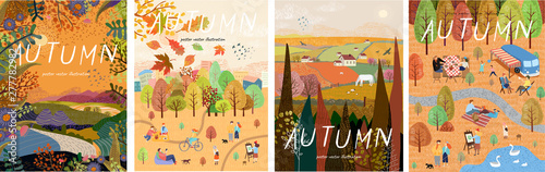 Autumn nature. Cute vector illustration of landscape natural background, village, people on vacation in the park at a picnic, forest and trees. Drawings from the hand 