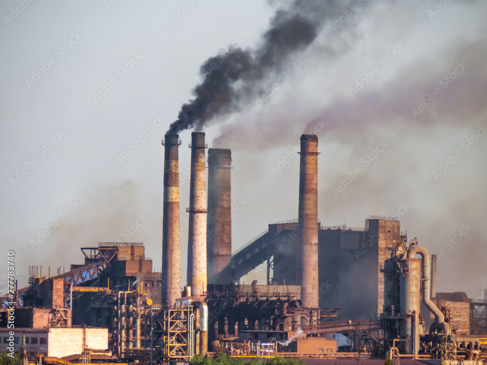 Air pollutants emissions – central composition. Toxic smoke of air pollutants, released into the atmosphere by chimney smoking stack, pollutes the environment, causing the greenhouse effect. Air pollutants emissions – central composition. Toxic smoke of air pollutants, released into the atmosphere by chimney smoking stack, pollutes the environment, causing the greenhouse effect.