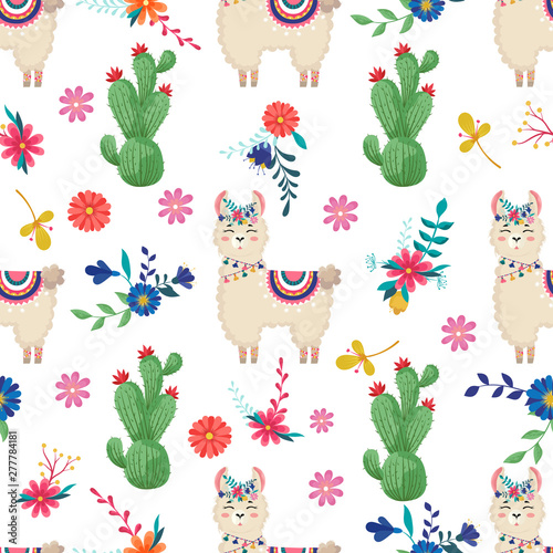 Llama  alpaca  cactuses and leaves seamless pattern  background 