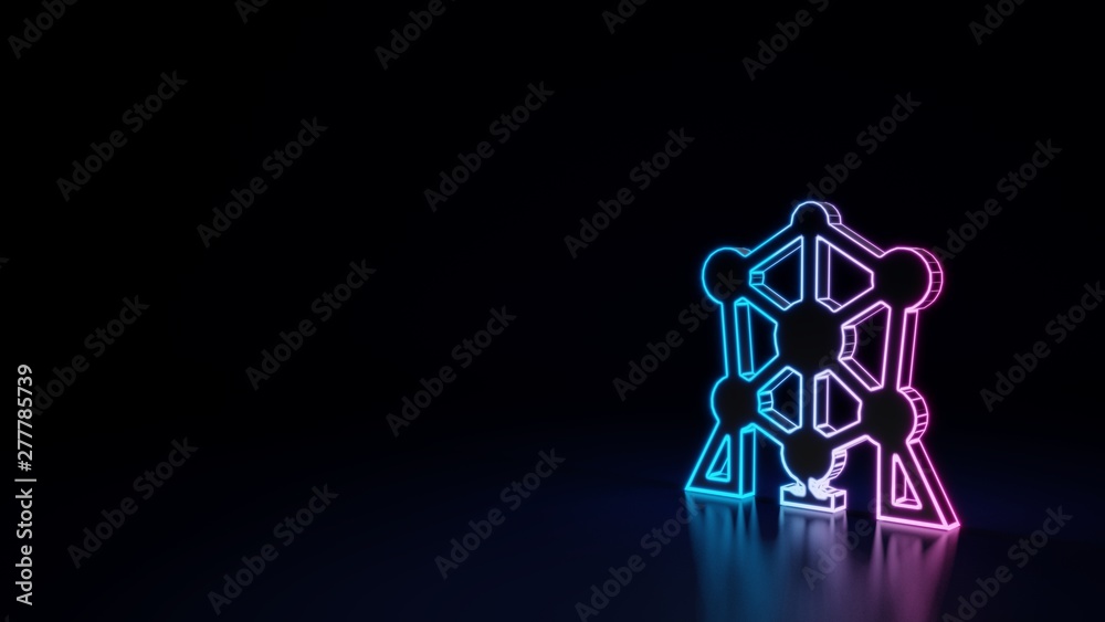 3d glowing neon symbol of symbol of atomium isolated on black background
