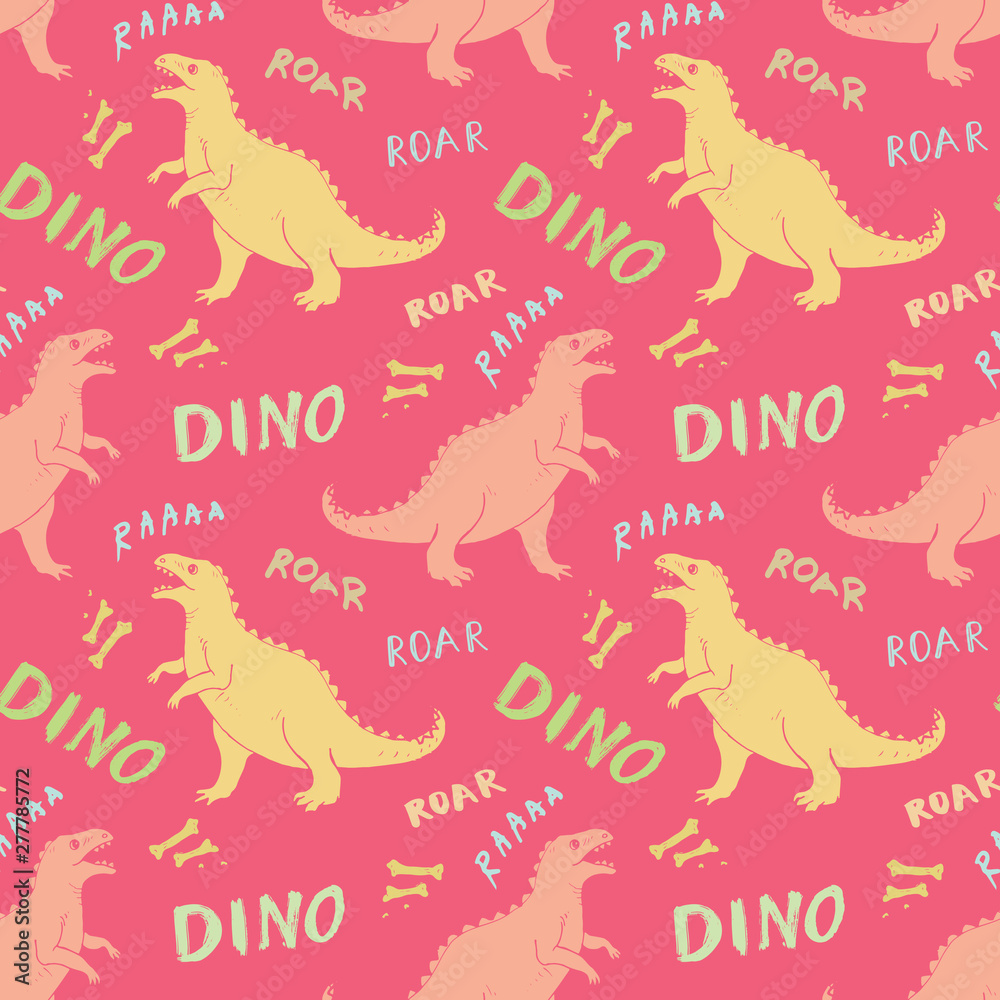 Dino Seamless Pattern, Cute Cartoon Hand Drawn Dinosaurs Doodles Vector Illustration Dino Seamless Pattern, Cute Cartoon Hand Drawn Dinosaurs Doodles Vector Illustration