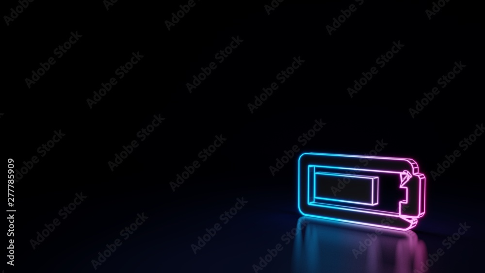 3d glowing neon symbol of horizontal symbol of battery three quarters isolated on black background 3d glowing neon symbol of horizontal symbol of battery three quarters isolated on black background