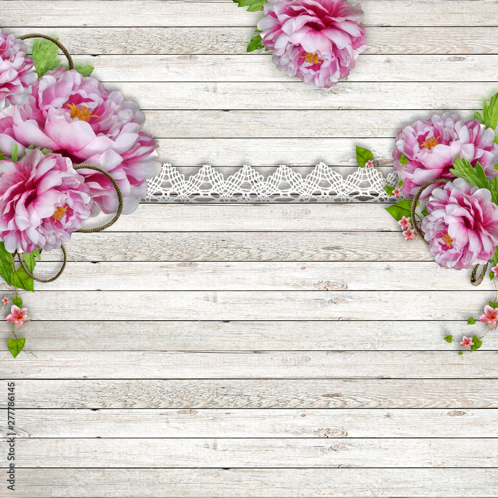 Vintage wooden background with beautiful pink peonies and lace  can be used as invitation card for wedding, birthday and other holiday and summer background