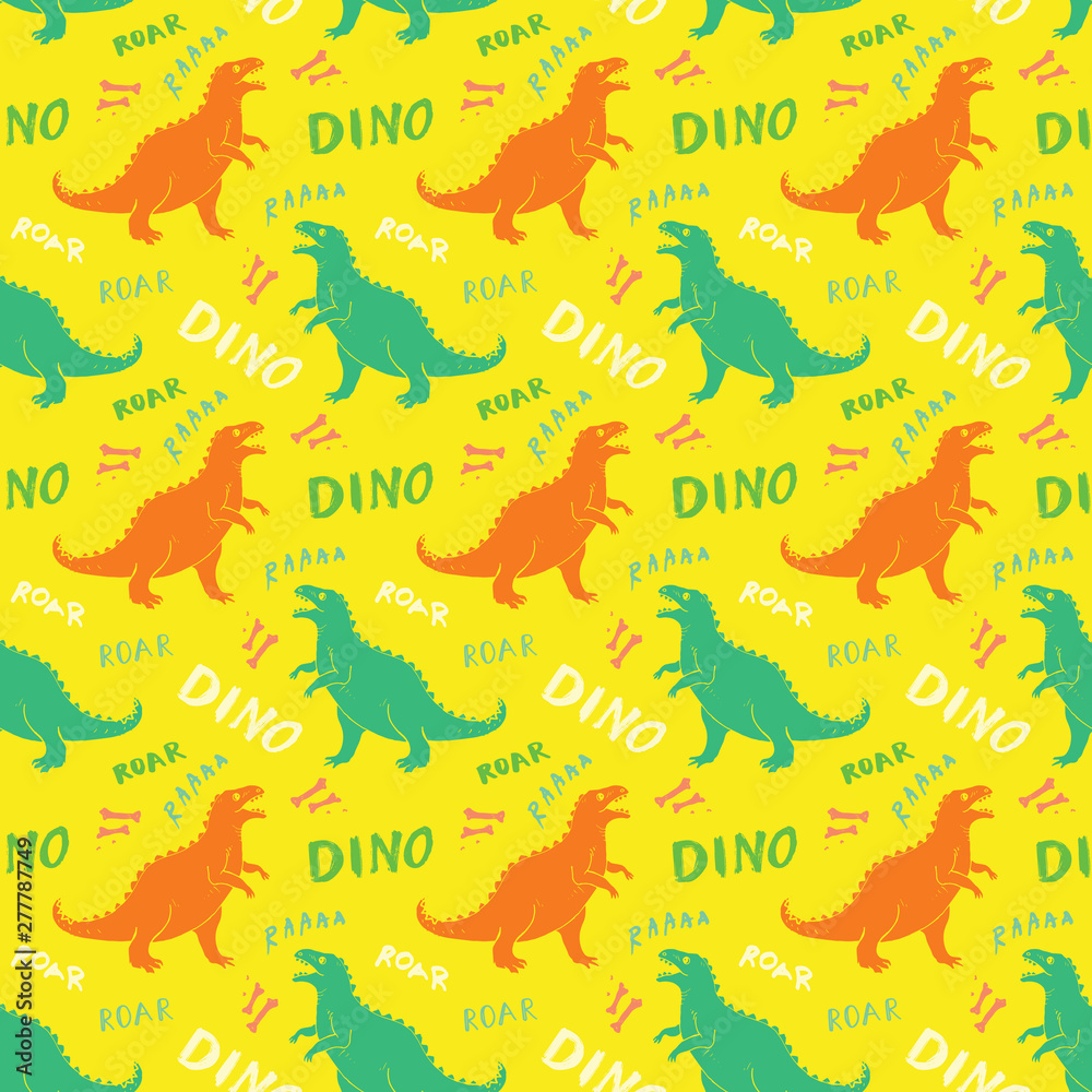 Dino Seamless Pattern, Cute Cartoon Hand Drawn Dinosaurs Doodles Vector Illustration Dino Seamless Pattern, Cute Cartoon Hand Drawn Dinosaurs Doodles Vector Illustration