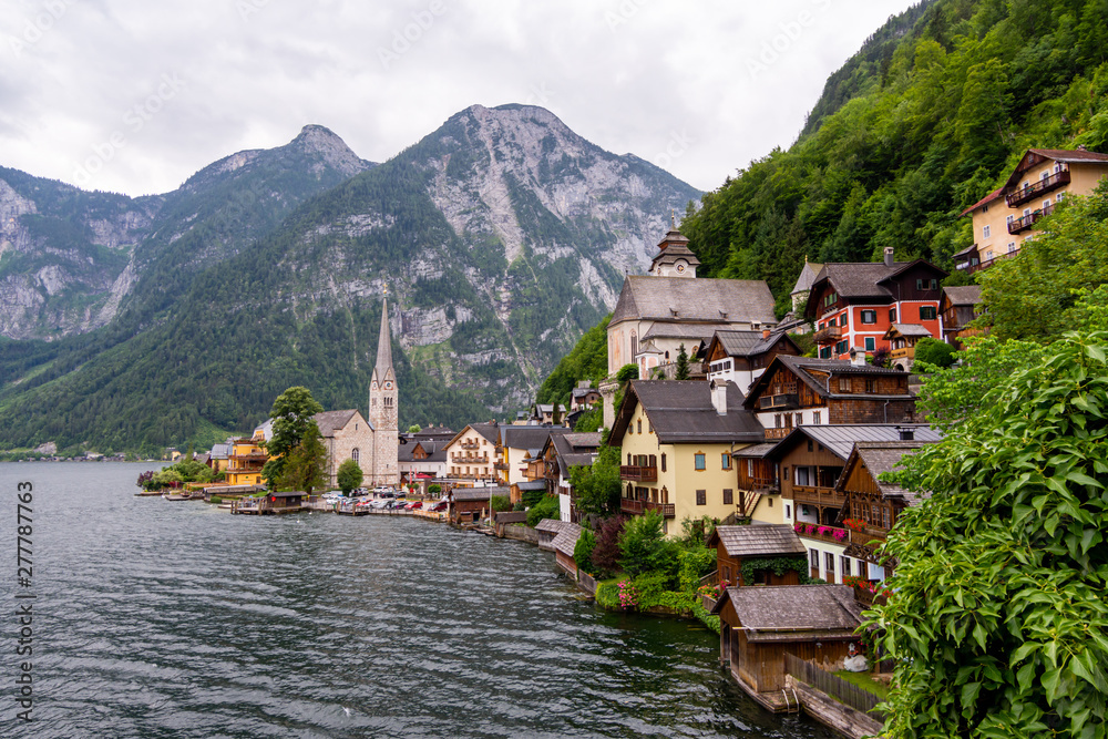 Picturesque view of Hallstatt village, situated on the bank of Hallstatter lake, High Alps mountains, Austria.
