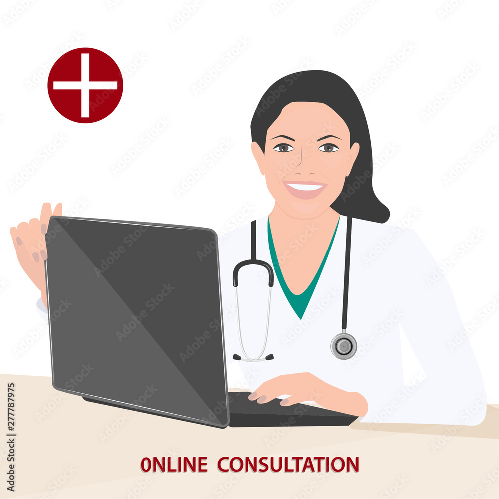 Medicine online consultation. Doctor, woman, elegant, cheerful, with a smile, stethoscope, laptop - isolated on white background - vector. Medicine online consultation. Doctor, woman, elegant, cheerful, with a smile, stethoscope, laptop - isolated on white background - vector.