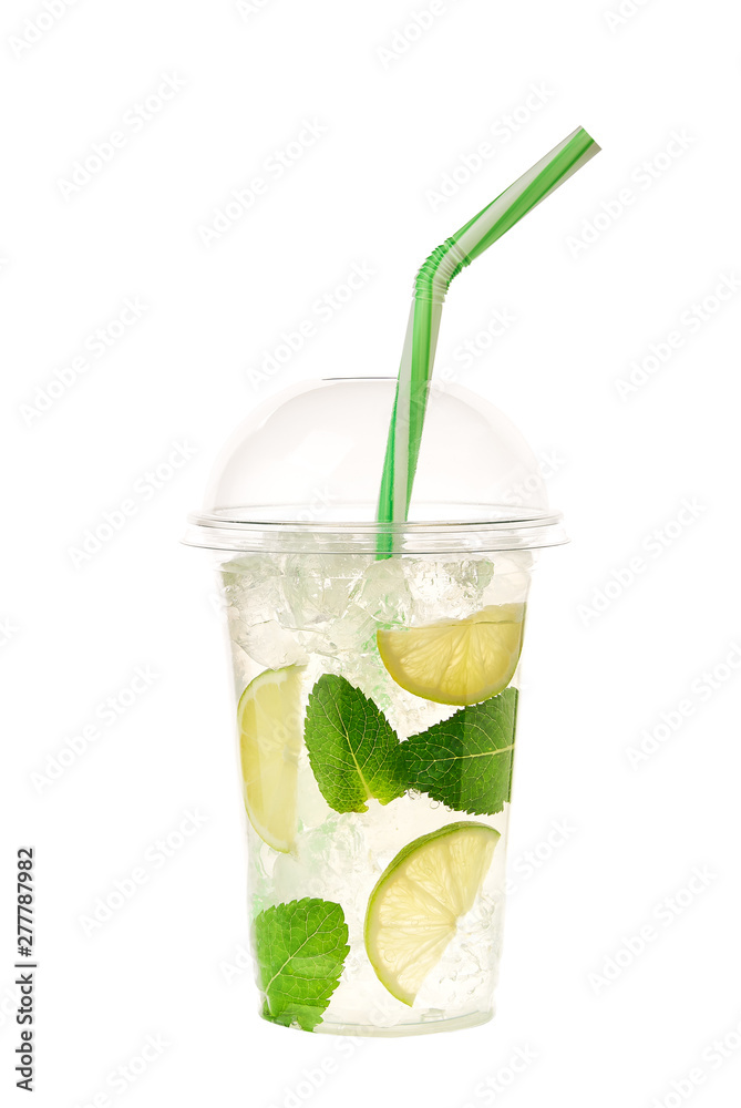 mojito cocktail isolated in plastic cup on white background. Photos | Adobe  Stock