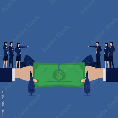 Business team tearing up money disagreement cooperation because unfair profit sharing.