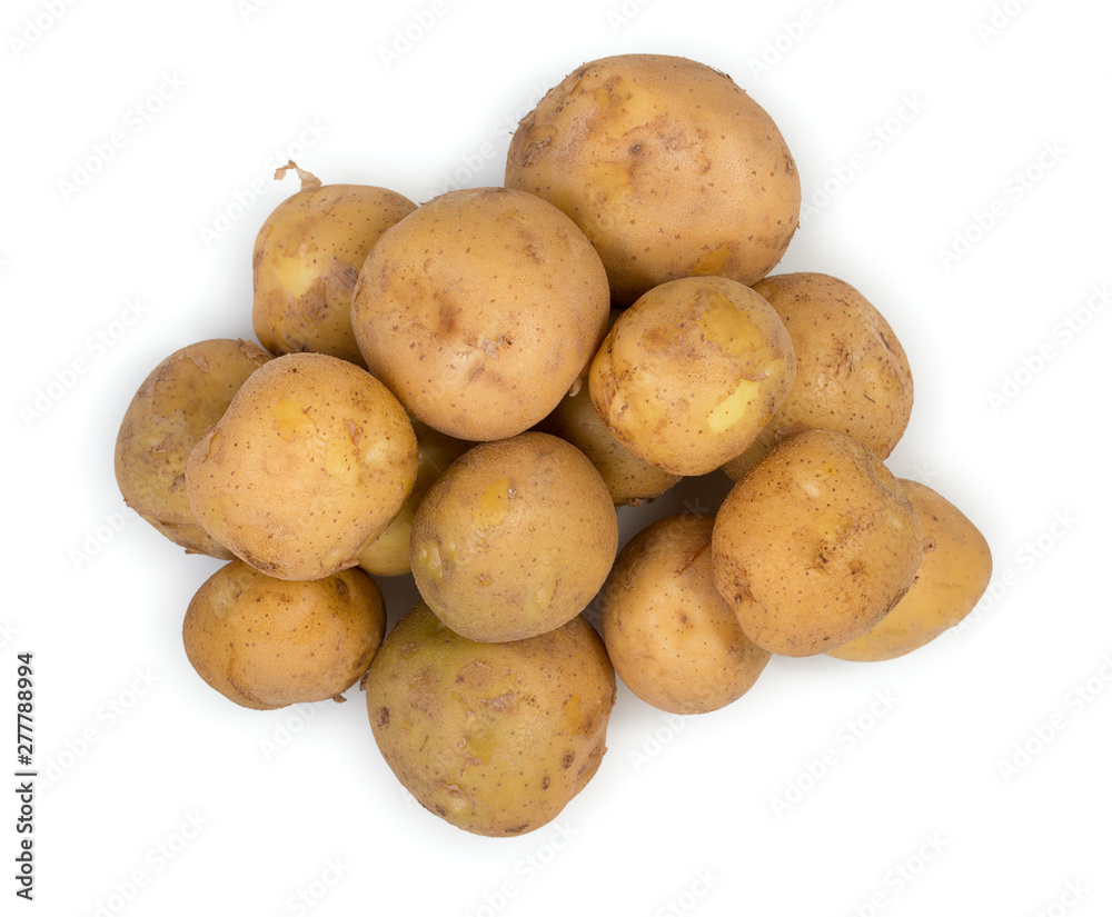Heap of young raw potato isolated on white background, top view. Heap of young raw potato isolated on white background, top view.