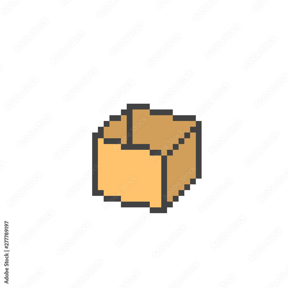Open cardboard box, 8 bit pixel art icon isolated on white background. Old  school vintage 2d video game/slot machine graphics. Shipping service logo.  Package symbol. Delivery sign. Parcel pictogram. Stock Vector