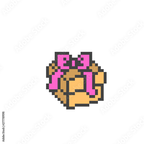 Cardboard gift box with pink ribbon bow  8 bit pixel art icon isolated on white background. Old school vintage 2d video game slot machine graphics. Package symbol. Birthday present.