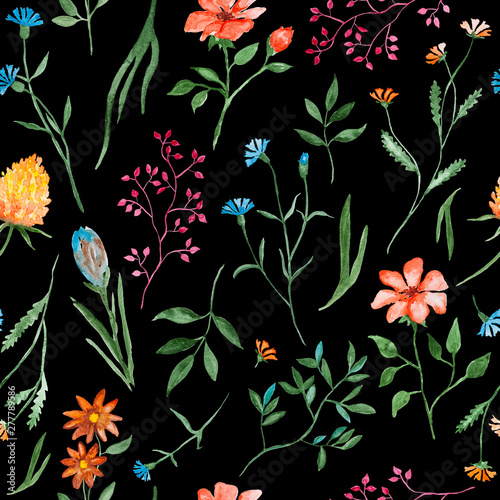 Different flowers watercolor painting - hand drawn seamless pattern with blossom on black background