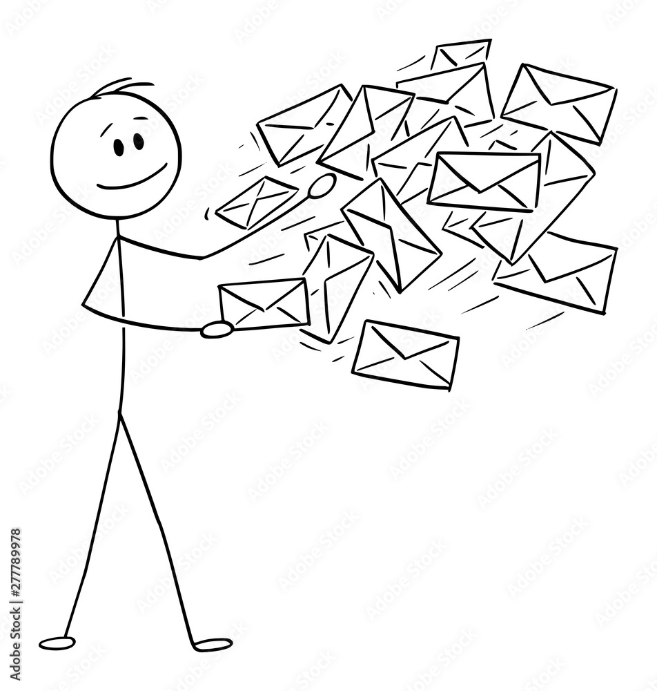 Vector cartoon stick figure drawing conceptual illustration of postman, man  or businessman sending post or mail envelopes. Stock Vector | Adobe Stock
