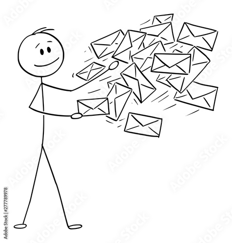 Vector cartoon stick figure drawing conceptual illustration of postman, man or businessman sending post or mail envelopes.