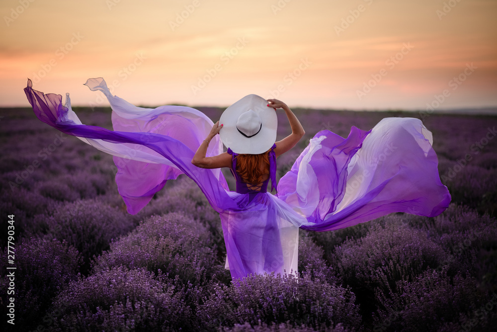Young woman in luxurious purple dress standing in lavender field, rear view - obrazy, fototapety, plakaty 