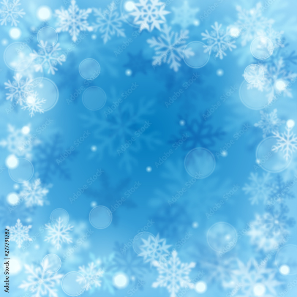 Christmas blurred background of complex defocused big and small falling snowflakes in light blue colors with bokeh effect Christmas blurred background of complex defocused big and small falling snowflakes in light blue colors with bokeh effect