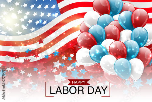 Labor Day poster or flyer. USA National September holiday red background with a bunch of balloons in flag colors, and confetti. Glowing county flag. Vector illustration.