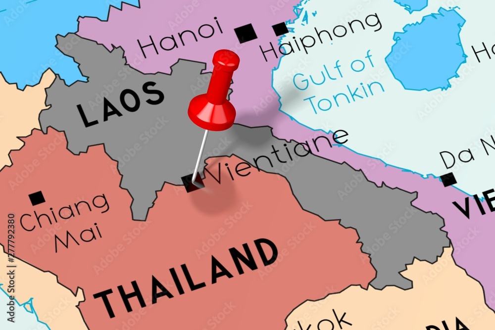 Capital Of Laos Map Laos, Vientiane - Capital City, Pinned On Political Map Stock Illustration  | Adobe Stock