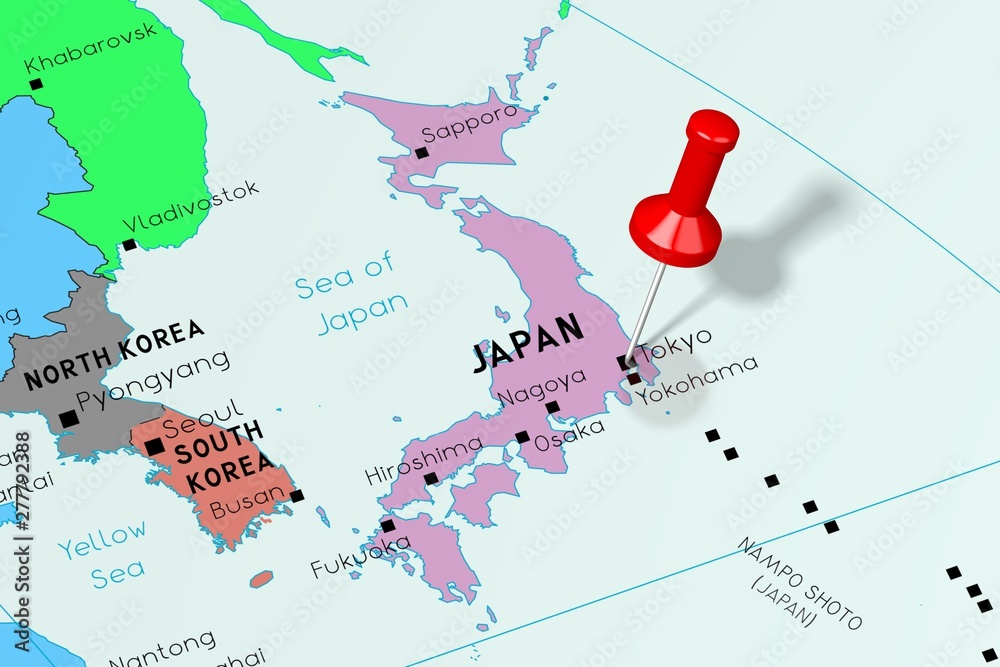 Japan, Tokyo - capital city, pinned on political map
