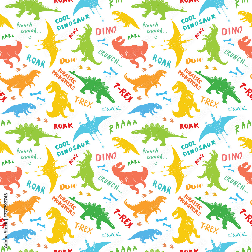 Obraz premium Dino Seamless Pattern, Cute Cartoon Hand Drawn Dinosaurs Doodles Vector Illustration