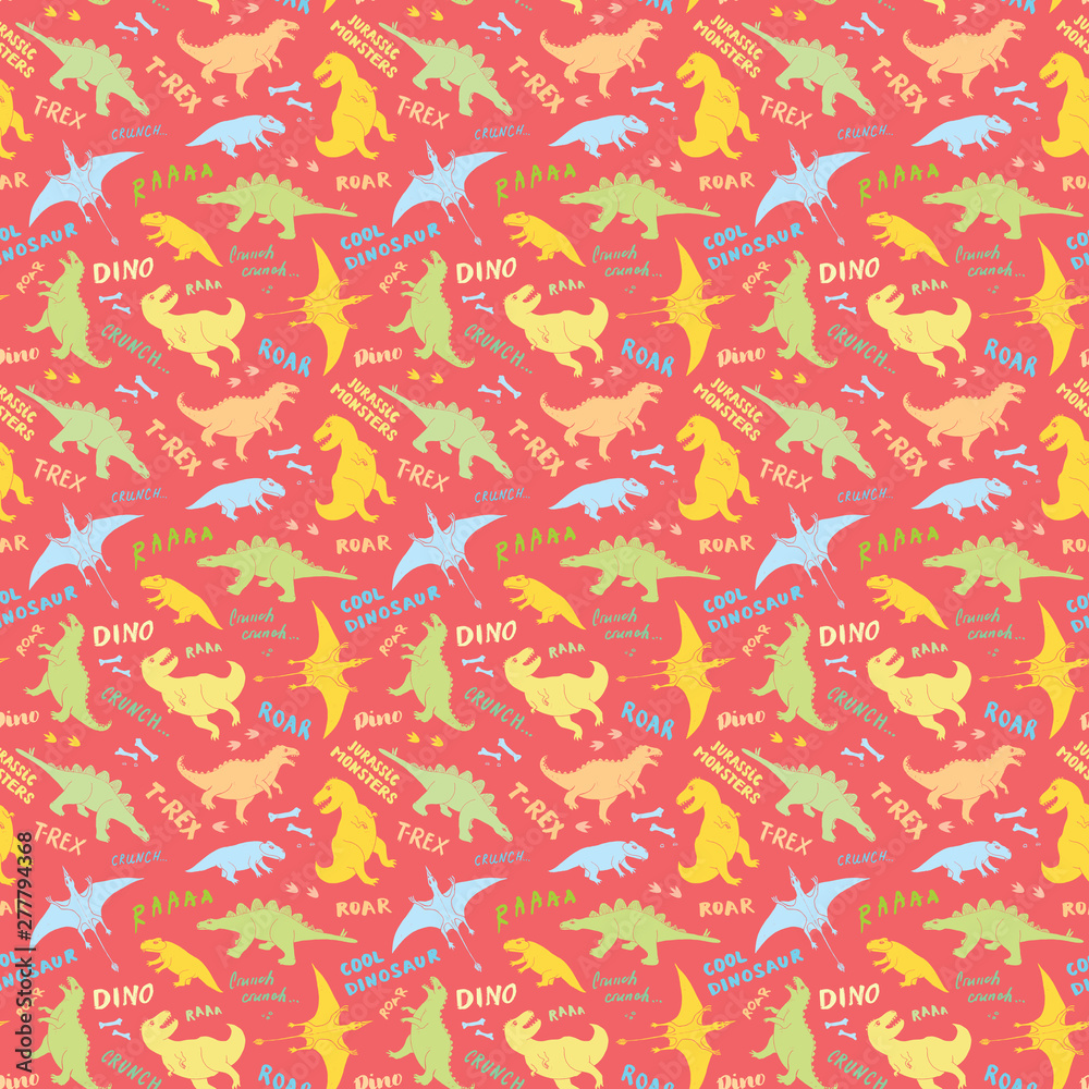 Dino Seamless Pattern, Cute Cartoon Hand Drawn Dinosaurs Doodles Vector Illustration Dino Seamless Pattern, Cute Cartoon Hand Drawn Dinosaurs Doodles Vector Illustration