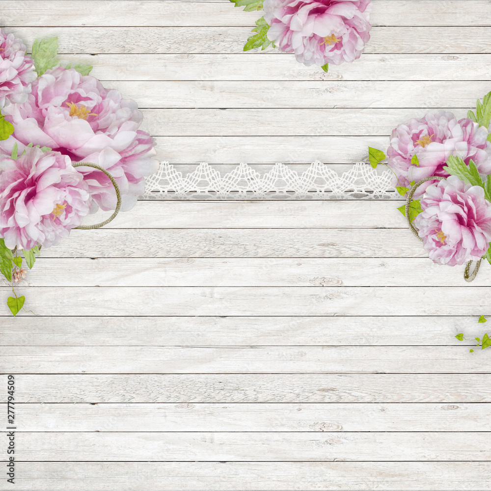 Vintage wooden background with beautiful pink peonies and lace  can be used as invitation card for wedding, birthday and other holiday and summer background