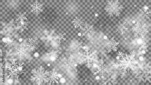 Christmas blurred illustration of complex defocused big and small falling snowflakes in white and gray colors with bokeh effect on transparent background